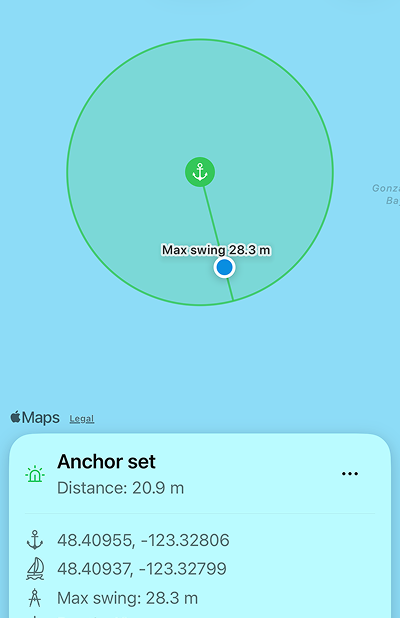 Anchor status panel showing distance and depth