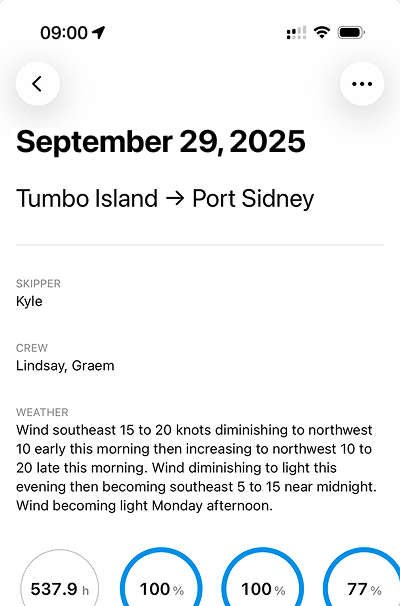 Voyage list with dates and routes